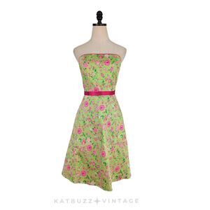 Vintage Strapless Midi Dress 6 Green Pink Y2K Floral Preppy Guest Feminine Girly